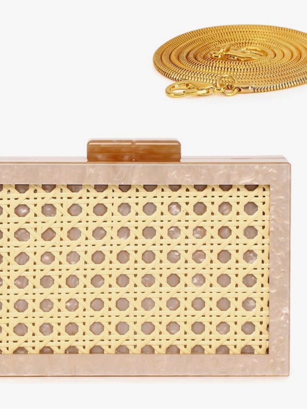 Woven Rattan Accent Box Clutch in Beige with Gold Chain
